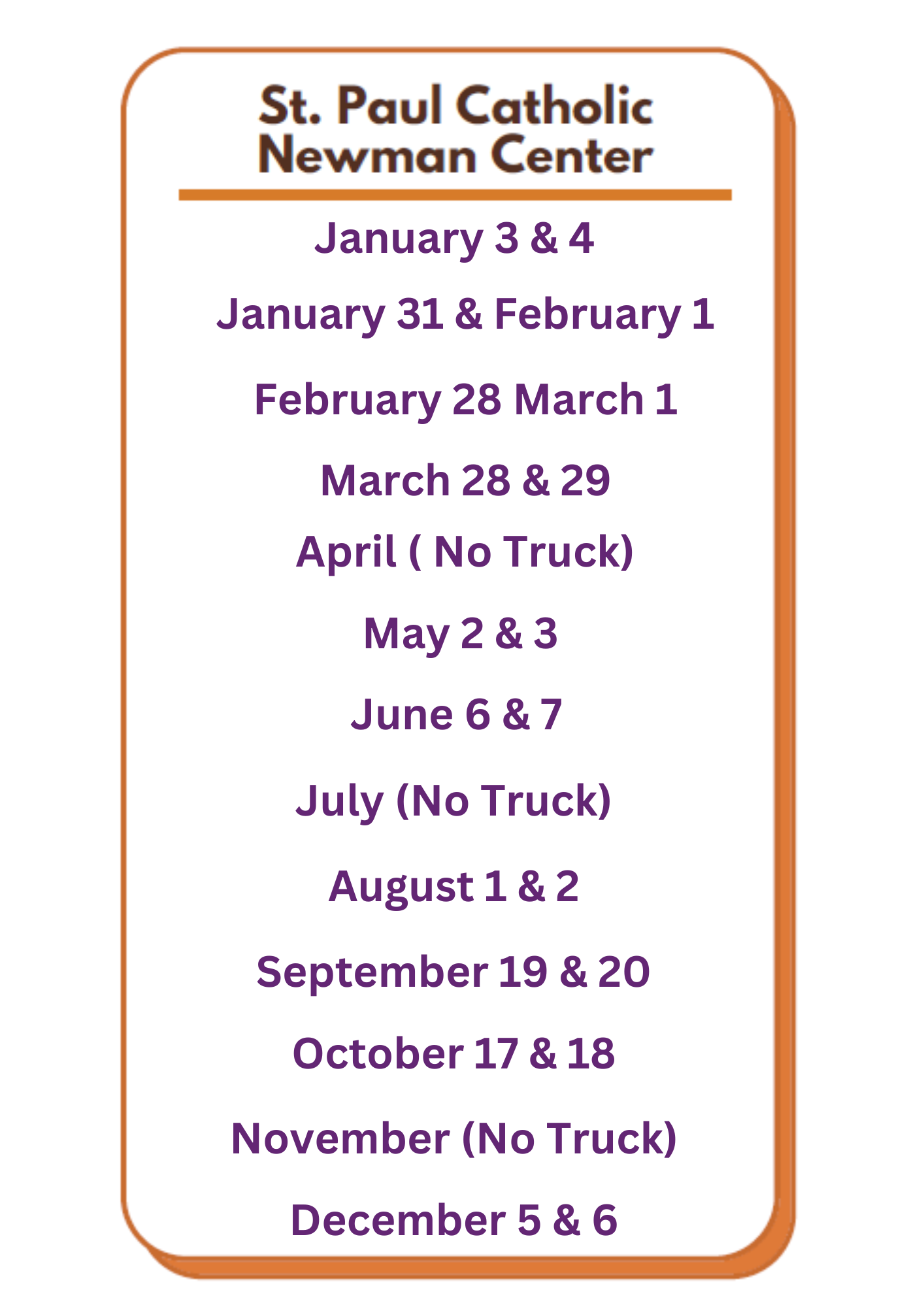 Catholic Charities Schedule 2026