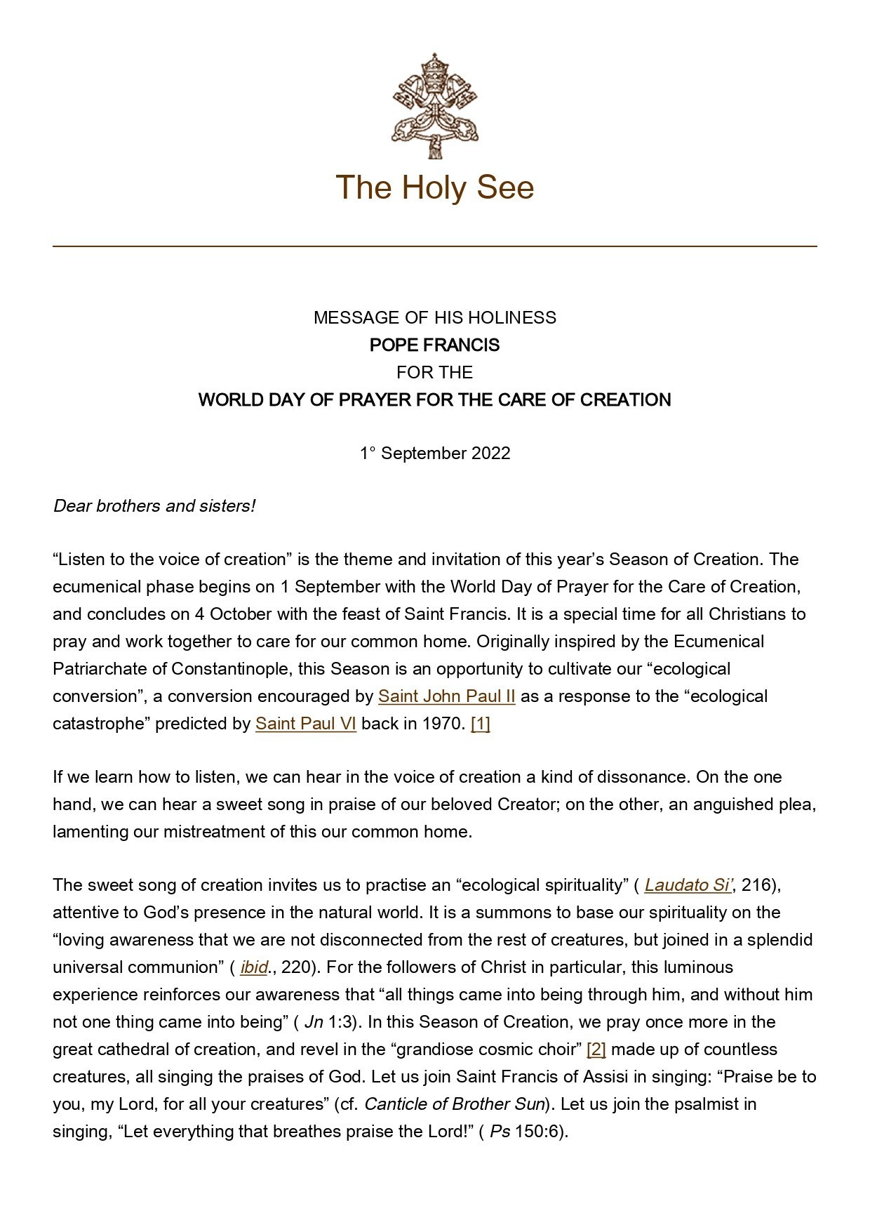 Pope Francis Season Of Creation 2022 Page 0001