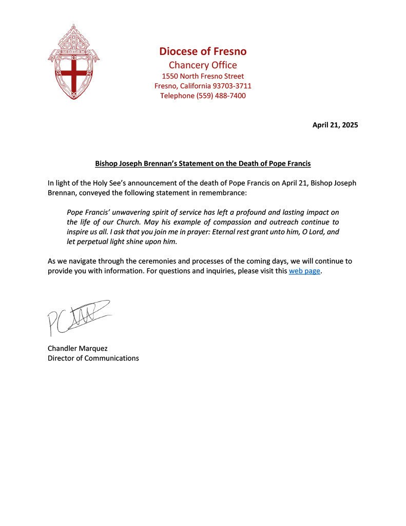 Statement on the Death of Pope Francis