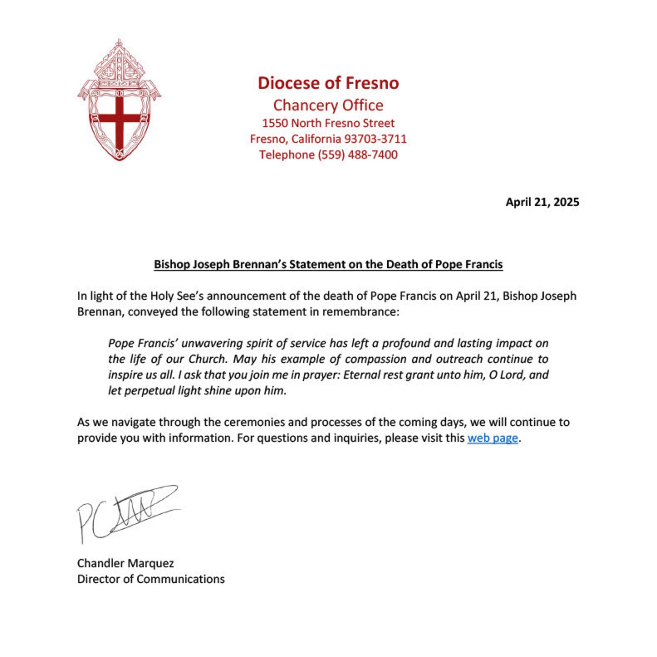Statement Pope Francis Passing